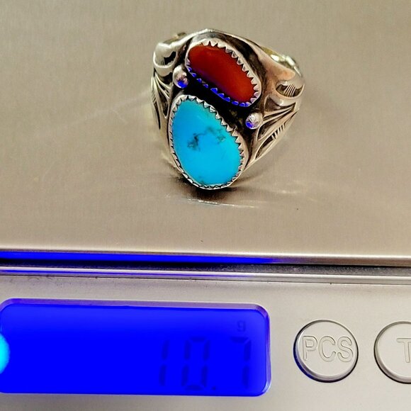 Vintage NA Turquoise Coral Native American Sterling Silver Ring Signed AR RR - Picture 14 of 15